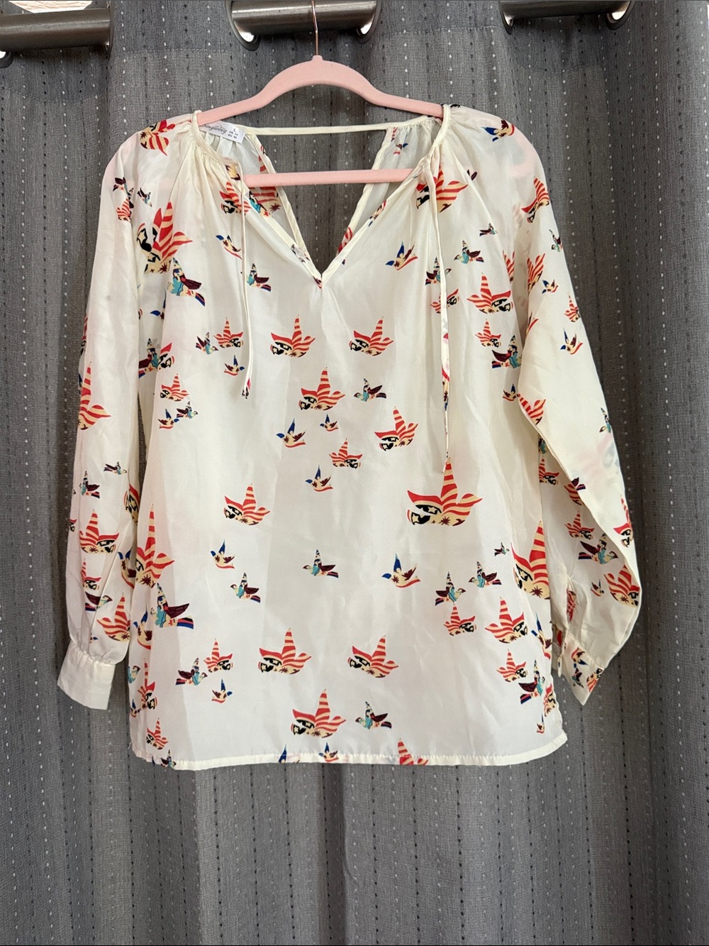 Singwing Bird Print Peasant Blouse Women’s Large Boho Long Sleeve Ivory